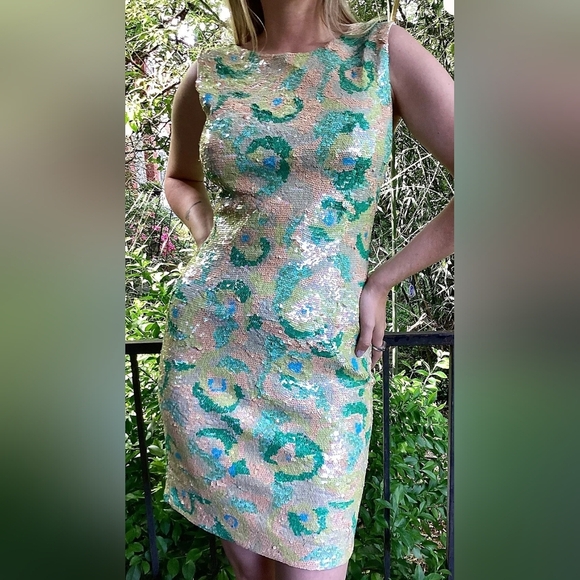 Black Tie Vintage 1990s Pastel Elegant Sequin Dress PTP 18 Size Small EUC - Picture 1 of 6